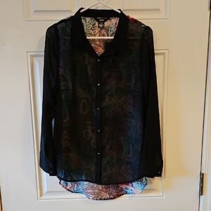 Sheer Black and Multicolor Button-Up Blouse By Rock 47 Wrangler